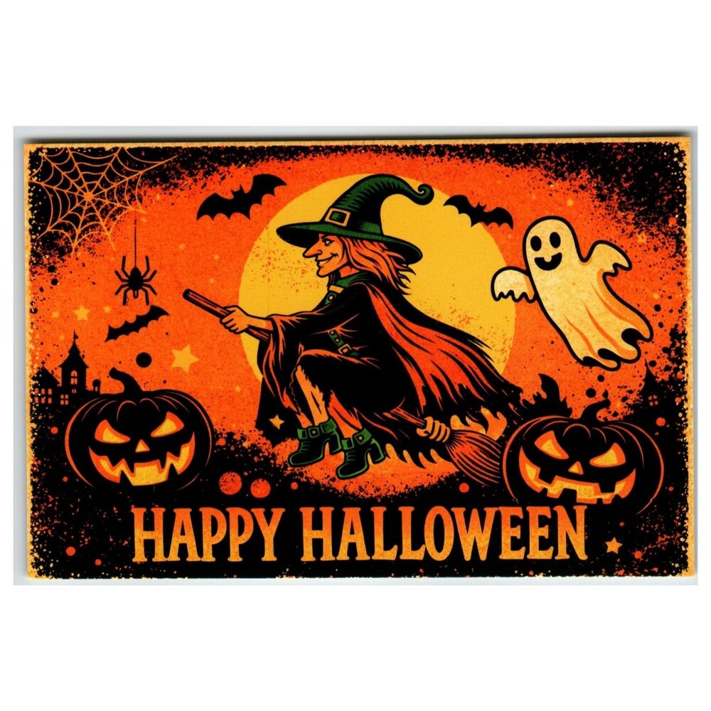 Happy Halloween Postcard Witch Ghost Jack-O-Lantern Retro Vintage Style